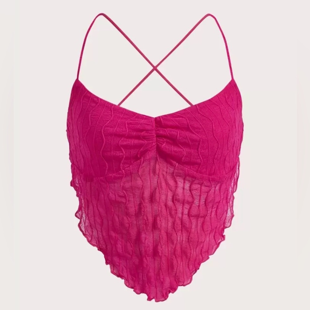 Pink ruched cami top with lace up back